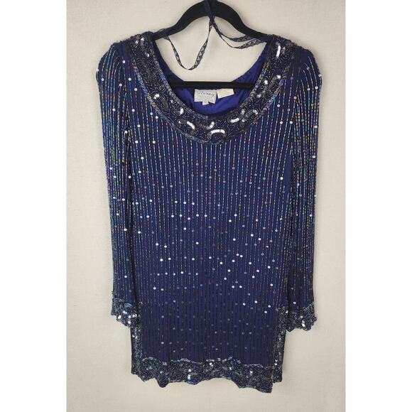 Vintage Stenay Blouse Womens 6 100% Silk Blue Beaded Blouse Classy sophisticated - Picture 2 of 16